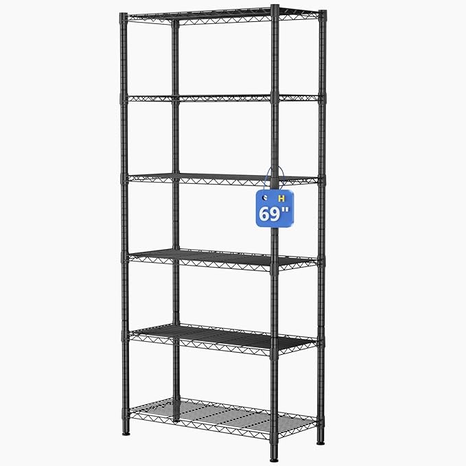 6 Tier Adjustable Storage Shelves,Heavy Duty Metal Utility Shelf 900LBS Capacity,Wire Shelving Unit Organizer Rack for Home,Kitchen,Office,Bathroom,Pantry Room,12" D x 22" W x 69" H,Black