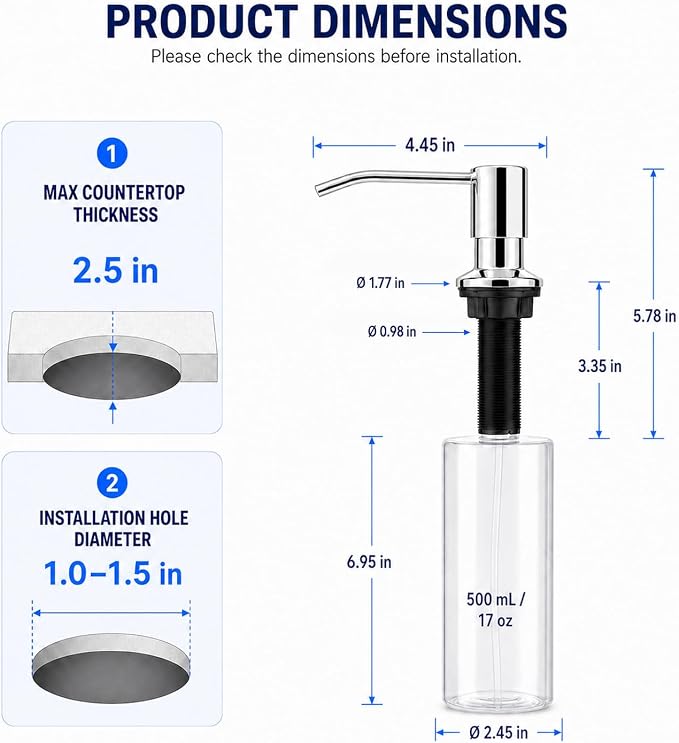 Soap Dispenser for Kitchen Sink, Wardock Built in Soap Dispenser Chrome | - Image 5