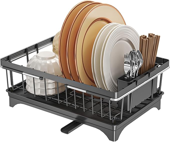 Expandable Dish Drying Rack Over Sink, Space-Saving Dish Racks for Kitchen Counter, Dish Drainer Rack in Sink with Removable Utensil Holders, 11.2" D x 14.5" W x 4.5" H, Black