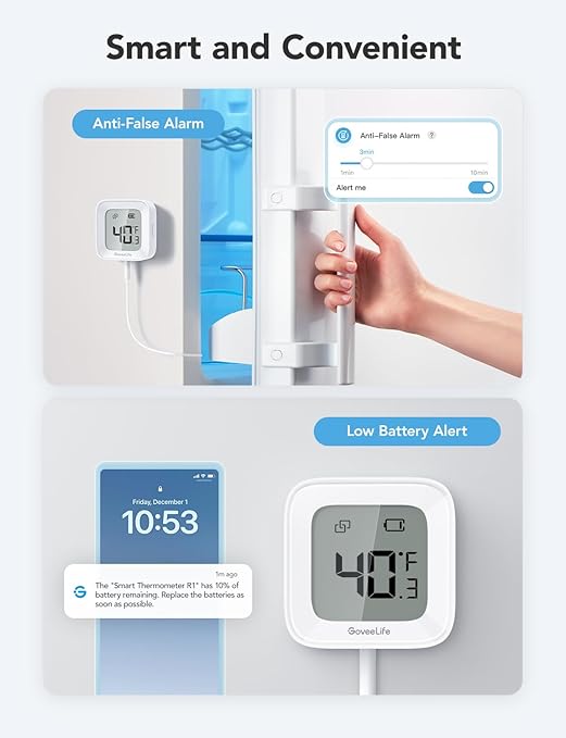 GoveeLife WiFi Refrigerator Thermometer with Alarm, Wireless Digital Freezer Temperature Gauge with App Control, LCD Display, 2 Years Free Data Export, for Fridge Hot Tub (Only Support 2.4G WiFi)