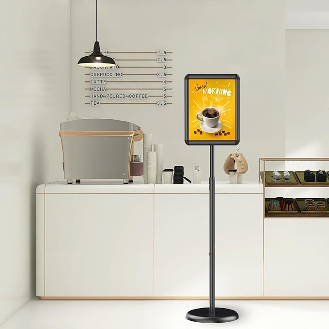 Adjustable Pedestal Floor Stand Sign Holder for 8.5*11 inches Poster or chalk board, Snap open frame,360° Rotation,Outdoor Indoor Standing Display Sign Holders for advertising ,Black