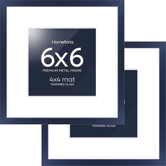 Homeforia 6x6 Frame Navy Blue, High End Metal 6 x 6 Square Picture Frames with Mat 4 by 4 Art, 6x6 Photo Frame Matted to 4x4 inch Print, 6by6 Wall or Tabletop Frames, Tempered Glass, Wall Kit, Set of 2
