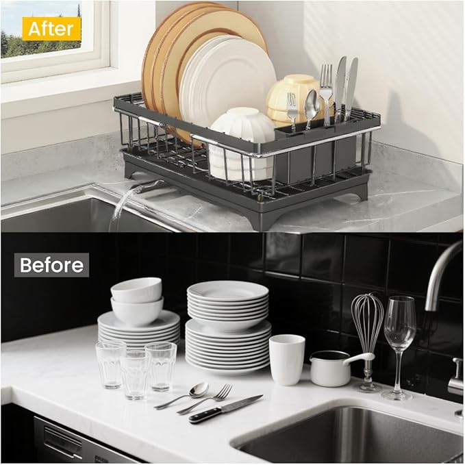 Expandable Dish Drying Rack Over Sink, Space-Saving Dish Racks for Kitchen Counter, Dish Drainer Rack in Sink with Removable Utensil Holders, 11.2" D x 14.5" W x 4.5" H, Black