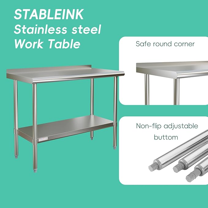 STABLEINK NSF Stainless Steel Prep Table 36x30 inches 3ft, Metal Work Table with Adjustable Undershelf and backsplash, for Commercial Kitchen, Restaurant, Home, Hotel and Garage