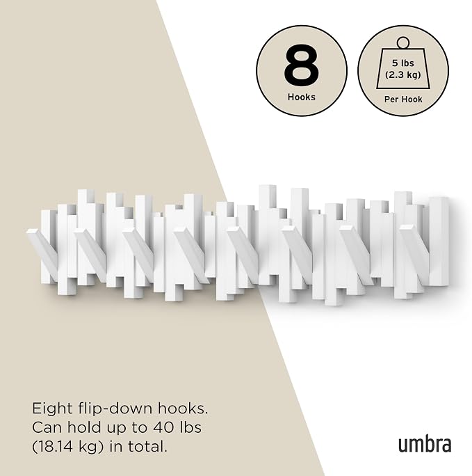 Umbra Sticks Wall Coat Rack, Wall Mount 8 Retractable Hooks, holds five pounds - Image 5