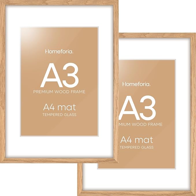 Homeforia A3 Picture Frame Wood, High-End Natural Oak 11.7 x 16.5 Wooden Poster Frames Matted to 8.3 by 11.7 Photo, A3 Size Light Wooden Frame with Mat A4 for Print, Tempered Glass, Wall Kit, Set of 2