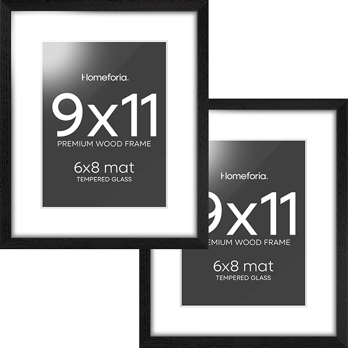 Homeforia 9x11 Black Wood Picture Frame, High End Oak 9 x 11 Frames with Mat 6 by 8 Print, 9by11 Black Wooden Frame Matted to 6x8 inch Photo, Wall or Tabletop Frame, Tempered Glass, Wall Kit, Set of 2