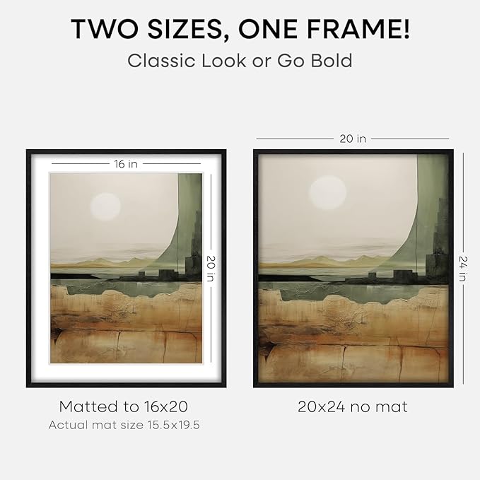 Homeforia Black Wood Frame 20x24, High End Oak 20x24 Wooden Picture Frames with Mat 16x20 Photo, 20 x 24 Poster Frame Matted to 16 by 20 Print, 24x20 Hanging Frames, Tempered Glass, Wall Kit, Set of 3