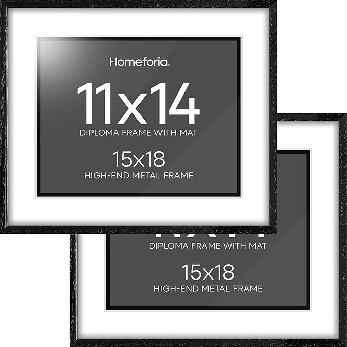 Homeforia 15x18 Diploma Black Wood Frame, High End Black Oak 15 x 18 Certificate Frames with Mat 11 x 14, 18x15 Document Frame Matted to 11x14, Degree Wooden Frames, Tempered Glass, Wall Kit, Set of 2