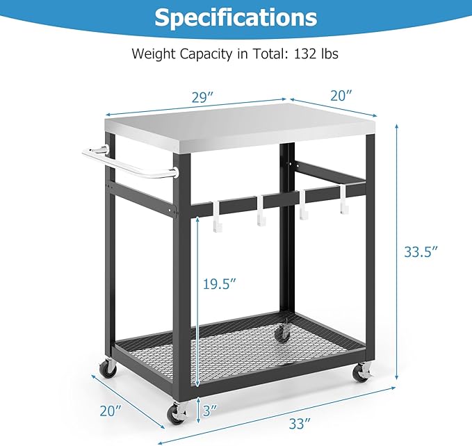 Giantex Outdoor Grill Cart with 29''W x 20''D Stainless Steel Top, Storage Shelf, Outdoor Cooking Food Prep Table with Wheels, Movable Pizza Oven Stand Serving Cart for Backyard BBQ Party Kitchen