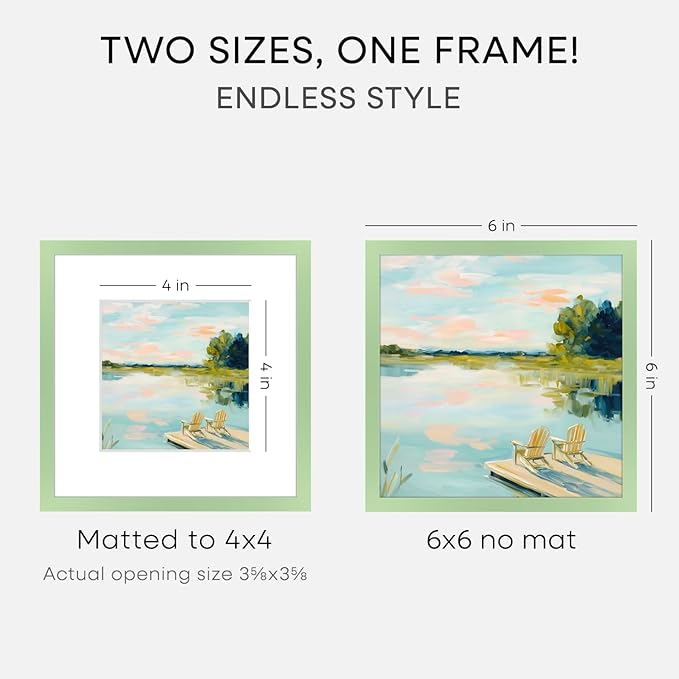 Homeforia 6x6 Sage Green Frame, High End Metal 6 x 6 Square Picture Frame with Mat 4 by 4 Art, 6x6 Photo Frame Matted to 4x4 inch Print, 6by6 Wall or Tabletop Frames, Tempered Glass, Wall Kit, Set of 2