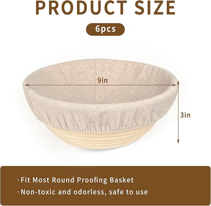 6 Packs Round Bread Proofing Cover for Banneton Basket，9 inches，Natural Rattan Banneton Cloth Liner for Bread Sourdough Proofing Homemade Baking Dough（Basket Not Included）