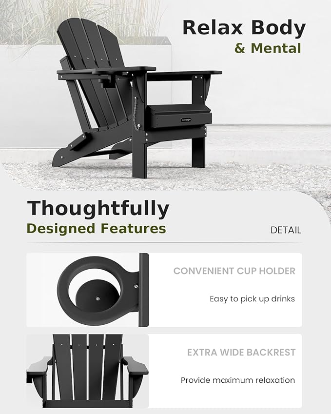 MUCHENGHY Folding Adirondack Chairs Patio Chairs Outdoor Adirondack Chair Weather Resistant Chair for Patio, Outside, Deck, Backyard, Fire Pit Chair, Campfire Chairs (Black)