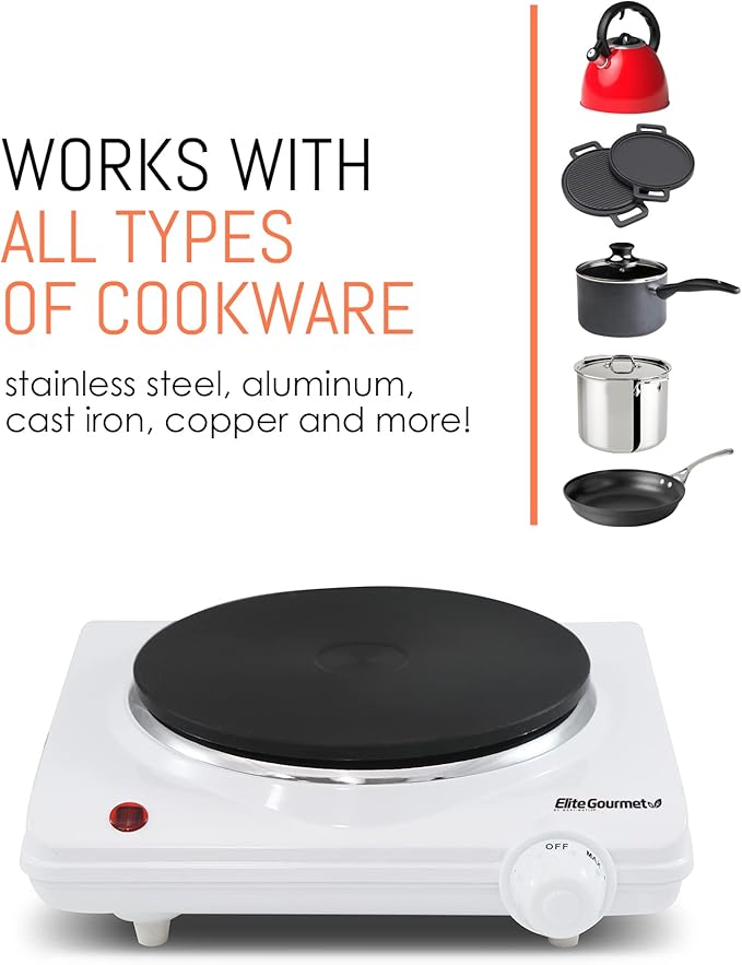 Elite Gourmet ESB-301F Countertop Single Cast Iron Burner, 1000 Watts Electric Hot Plate, Temperature Controls, Power Indicator Lights, Easy to Clean, White