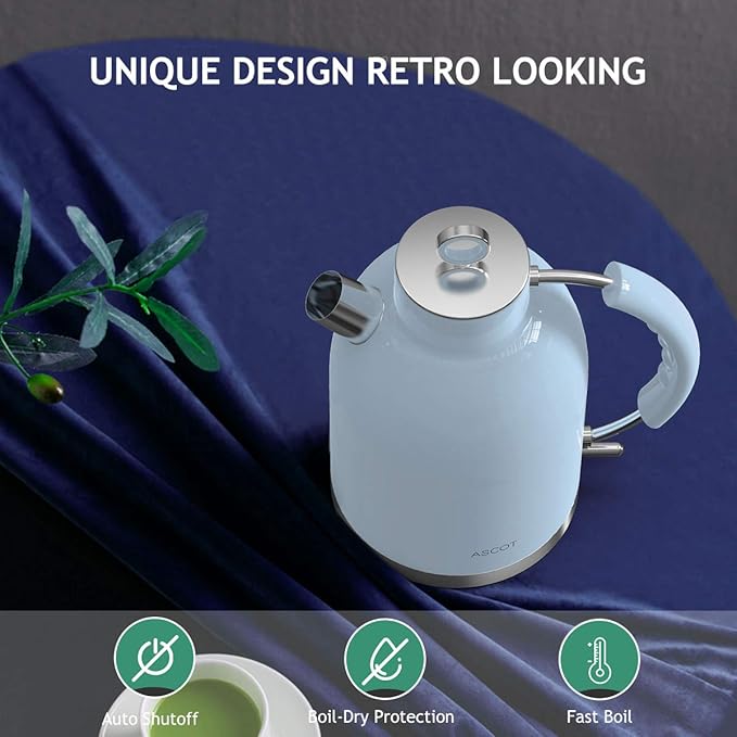 ASCOT Electric Kettle, Stainless Steel Kettle Water Boiler, Fast Boiling Kettle, 1.5L, 1500W, BPA-Free, Cordless, Automatic Shutoff, Boil-Dry Protection(Blue)