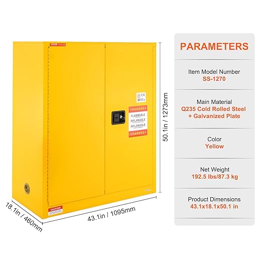 VEVOR Flammable Cabinet 18" x 43" x 50", Cold-Rolled Steel Flammable Liquid Storage Cabinet 34 Gal with 2 Adjustable Shelves/2 Manual Closing Doors for Industrial Use, Yellow