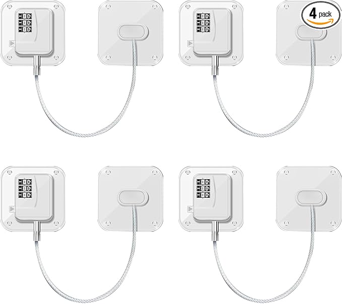 Refrigerator Lock (4 Pack), Heavy Duty Combination Fridge Lock, for Fridge, Cabinets, Window, Drawers and Child Safety Cabinet Lock, Strong Non-Marking Adhesive No Drilling (White)