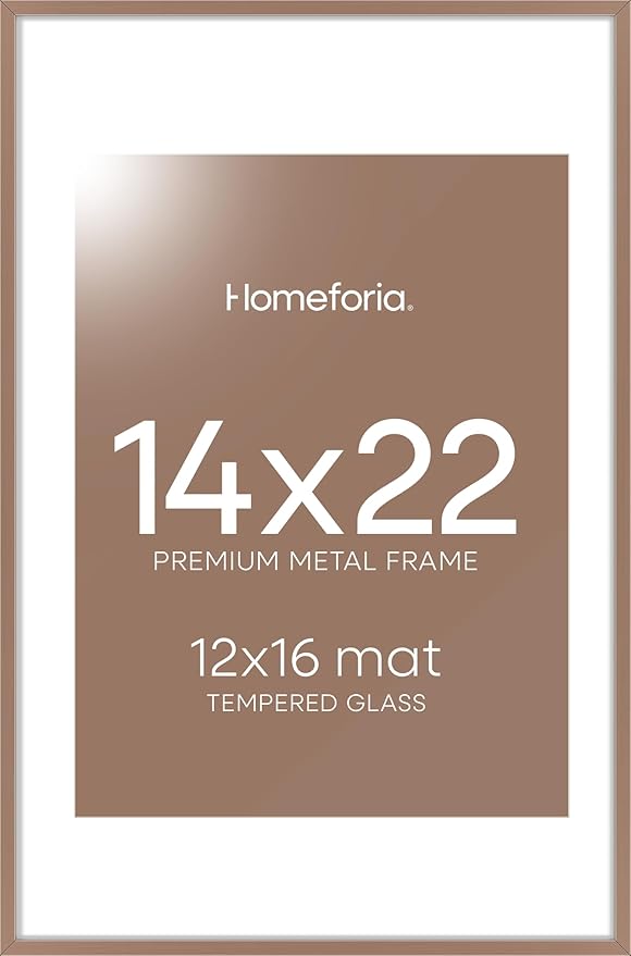 Homeforia 14x22 Picture Frame Mocha, High End Metal 14 x 22 Poster Frames with Mat 12 x 16 for Photo, 14x22 Mocha Frame Matted to 12x16 inch Print, 22x14 Thin Frame, Tempered Glass, Wall Kit, Set of 1