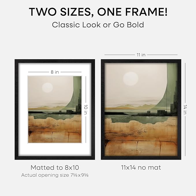 Homeforia 11x14 Picture Frame Black Wood, High End Oak 11x14 Poster Frames with Mat 8x10, 11 x 14 Wooden Frame Matted to 8 x 10 inch Photo, 14x11 Thin Hanging Frame, Tempered Glass, Wall Kit, Set of 2