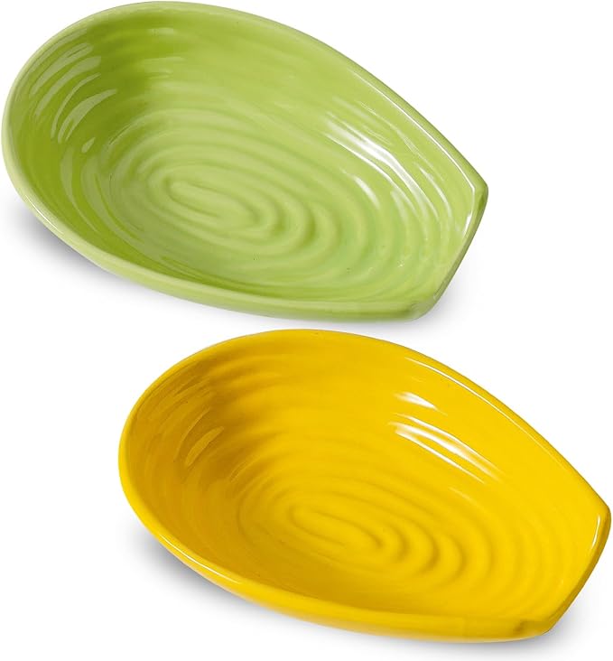Hasense Spoon Rest for Stove Top, Ceramic Yellow and Green Spoon Holder for Kitchen Counter, Large Stable Heat-resistant Utensil Rest for Spatula Ladles Tongs, Home Kitchen Decor, 2 PCS
