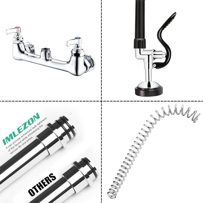 IMLEZON Commercial Faucet, Wall Mount Sink Faucet 8 Inch Center 47 Inch Commercial Kitchen Faucet with Pre-Rinse Sprayer and 12 Inch Swivel Spout