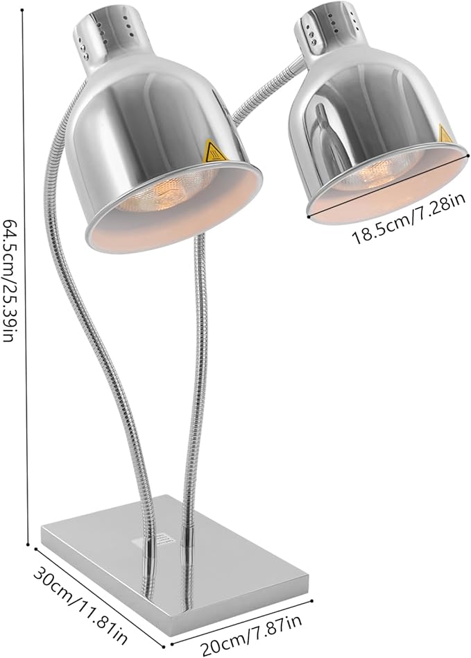 Food Heat Lamp Warmer Silver, 500W Double Bulbs Buffet Display Heating Preservation Light, Electric Portable Infrared Heating Lamp with 360°Adjustable Head (Silver)