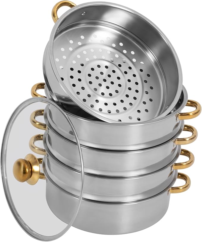 Stainless Steel Steamer Pot, 11.8-Inch Steamer for Cooking, 5-Tier Food Steam Pots with Lid for Cooking Vegetables, Seafood, Soups, Stews, Dumplings and Pasta