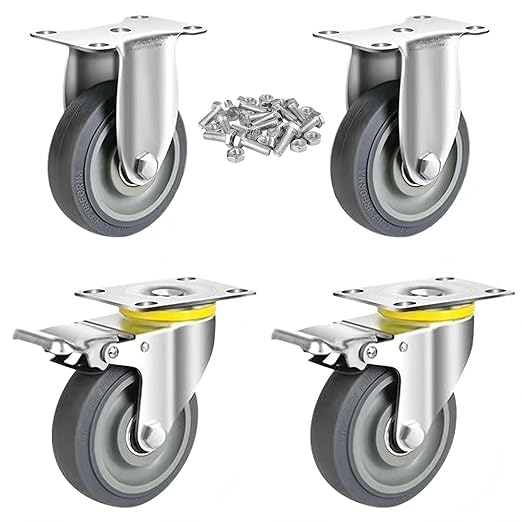 TONKI 5" Heavy Duty Quiet Caster Wheels Set (4-Pack) - 2 Locking Swivel + 2 Rigid Casters, 500LB Capacity Each, TPR Silent Tread & Steel Core, Includes M8 Hex Bolts/Nuts