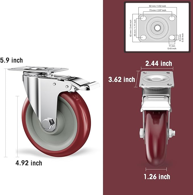 5 Inch Heavy Duty Casters with Brake - Set of 20, 1400lbs Capacity, Double Ball Bearing Non-Marking Caster Wheels, Plate Mount for Furniture, Cart, Workbench, Tool Cabinet, Garage Storage (20 Pack)