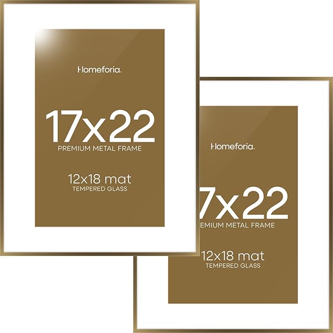Homeforia 17x22 Picture Frame Bronze, High End Metal 17x22 Brass Poster Frames with Mat 12x18 Photo, 17 x 22 Frame Matted to 12 by 18 inch Print, 22by17 Thin Frames, Tempered Glass, Wall Kit, Set of 2