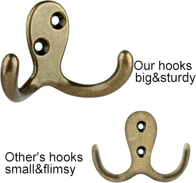 IBosins 16 Pack Antique Brass Double Prong Coat Hooks - Image 3