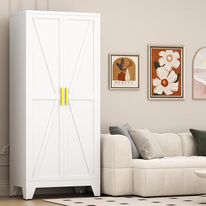 61" Tall Pantry Cabinet, White Metal Pantry Storage Cabinet, Kitchen Pantry Storage Cabinets with 2 Door and 3 Adjustable Shelves (White, 61" Modern)