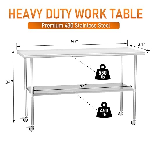 Stainless Steel Table with Wheels 24" x 60" Utility Worktable with Adjustable Undershelf for Commercial Kitchen, Garage, Restaurant