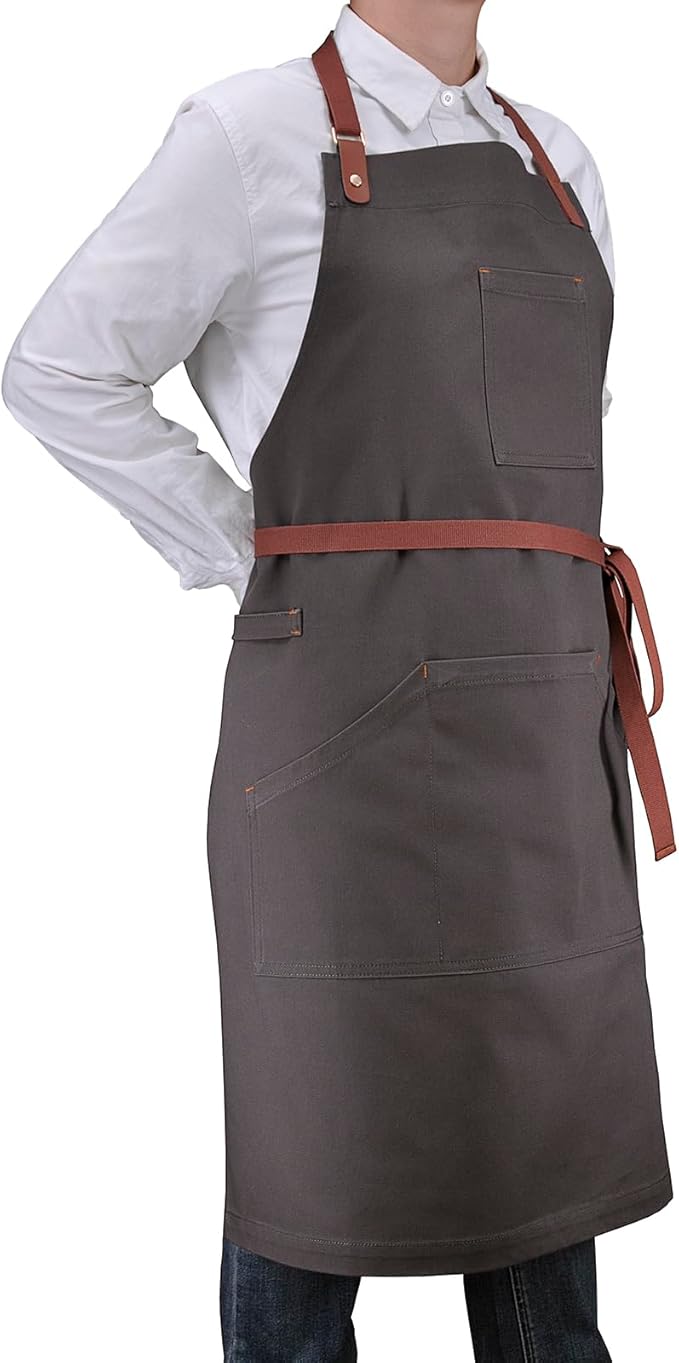 Apron with Pockets, Mens Womens Chef Bib Apron for Kitchen Cooking Grill BBQ Baking Server with Towel Loop