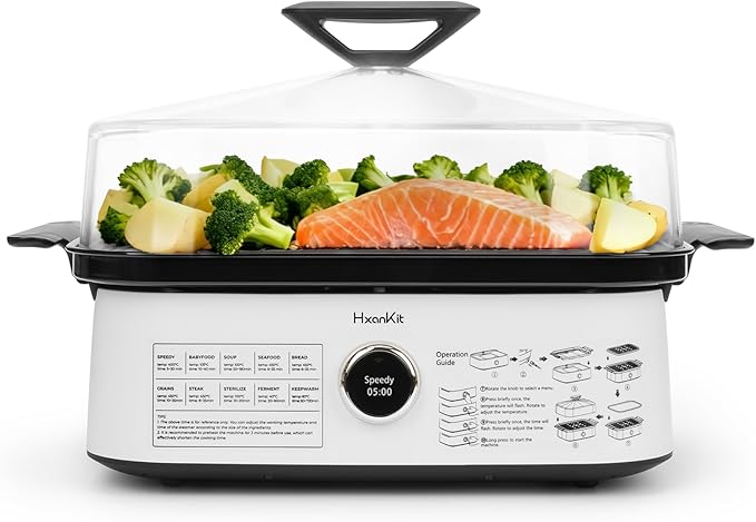 Electric Food Steamer with Boron Glass Lid, 450°C high-temperature steam, fast cooking for Vegetables, seafood, stew, disinfection, built-in program,One-Touch Control,8 Quart,1800W,White