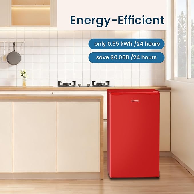 BANGSON Mini Fridge with Freezer, 3.2Cu.Ft, Single Door Small Refrigerator, Energy-efficient, Low Noise, Mini fridge for Bedroom Dorm and Office, Red