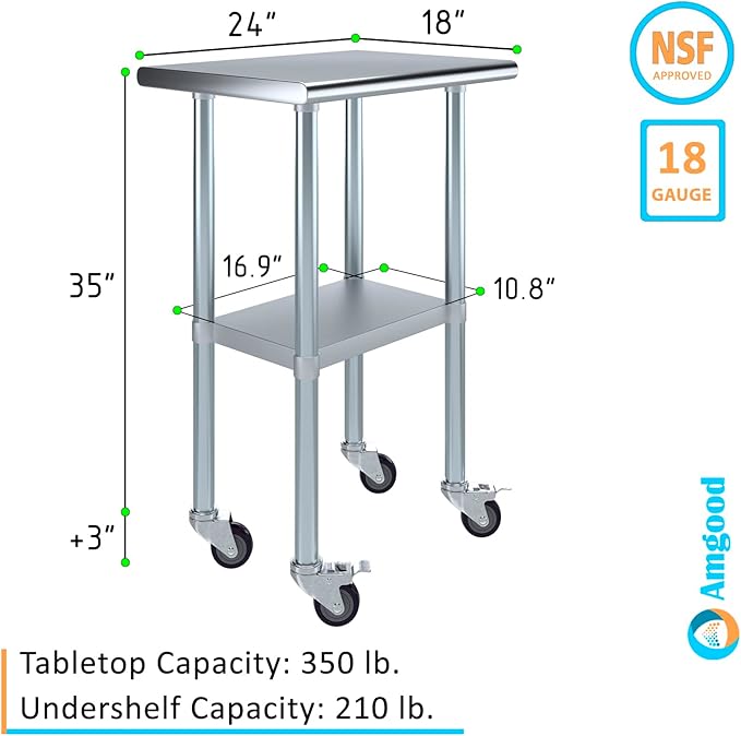 AmGood 24" Long x 18" Deep Stainless Steel Table with Casters