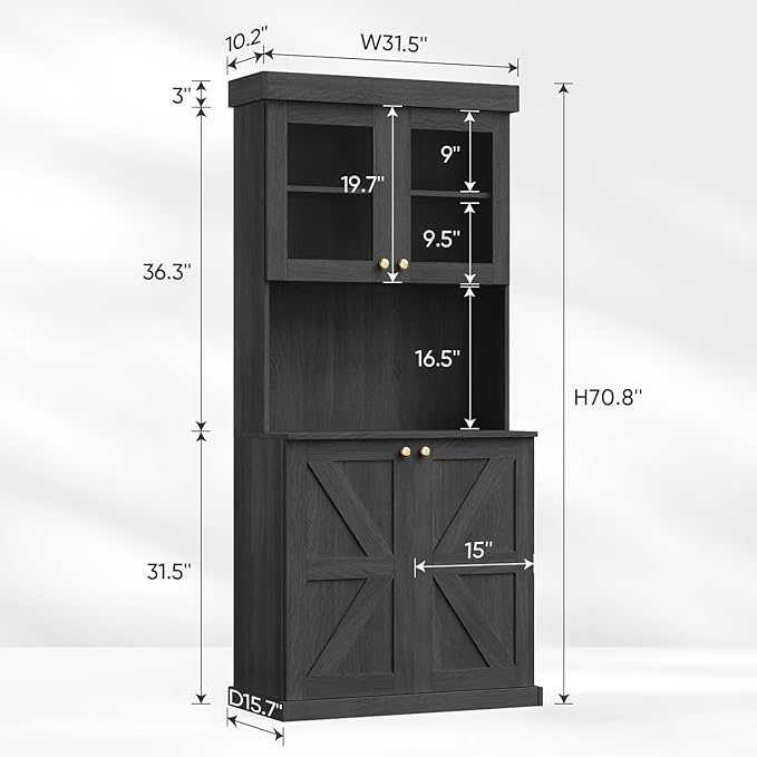 Vyre 71" Farmhouse Kitchen Pantry Cabinet, Black Freestanding Coffee Bar Hutch with Glass Doors & Adjustable Shelves, Large Storage Cabinet with Microwave Stand for Living Room & Kitchen