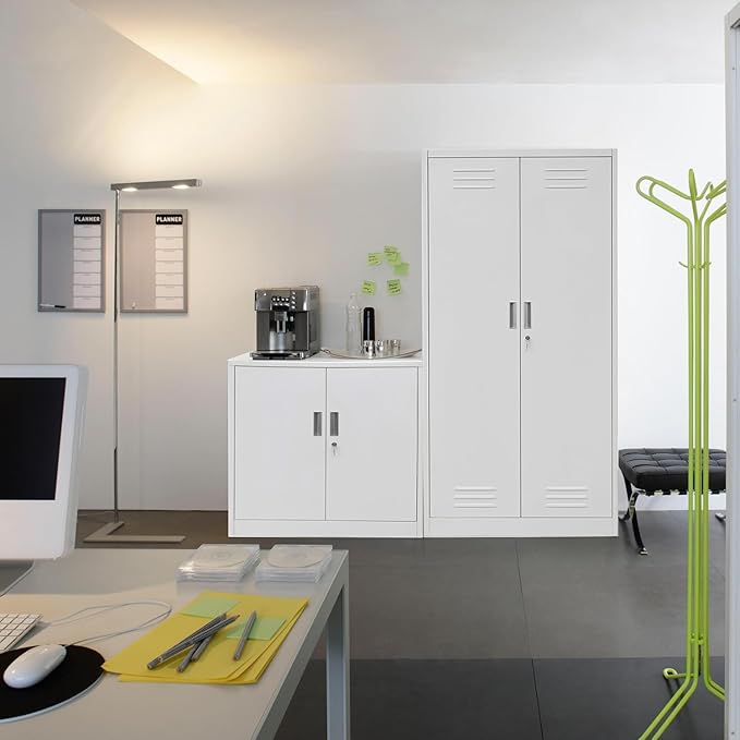 BESFUR Metal Storage Cabinets, Steel Locking Cabinet with 2 Shelves and Doors, White Garage Cabinet for Home Office, School, Garage, Utility Room, and Basement