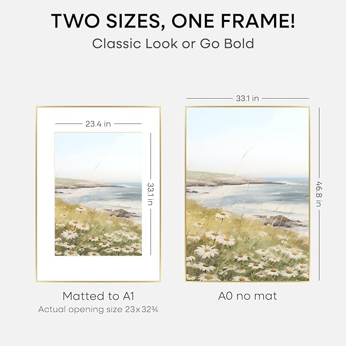 Homeforia A0 Poster Frame Gold, High End Metal 33.1 x 46.8 inches Large Picture Frames with Mat 23.4 x 33.1 for Photo, A0 Size Frames Matted to A1 Print, 33.1x46.8 Thin Frame, Tempered Glass, Set of 1
