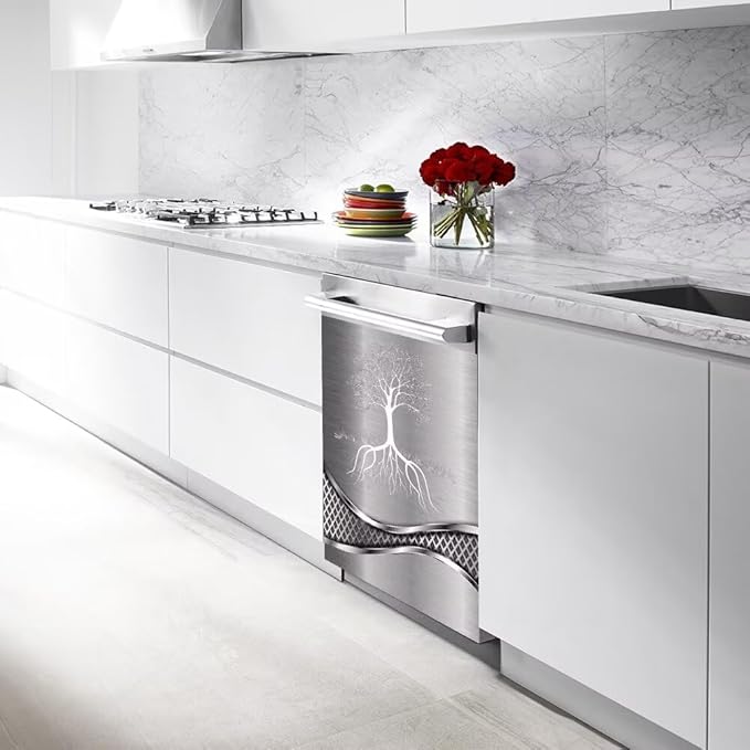 Stainless Steel Design Tree Wallpaper Dishwasher Magnetic Cover Sticker Refrigerator Door Panel Fridge Appliance Magnet Decal Sheet Kitchen Decor 23x26 inch