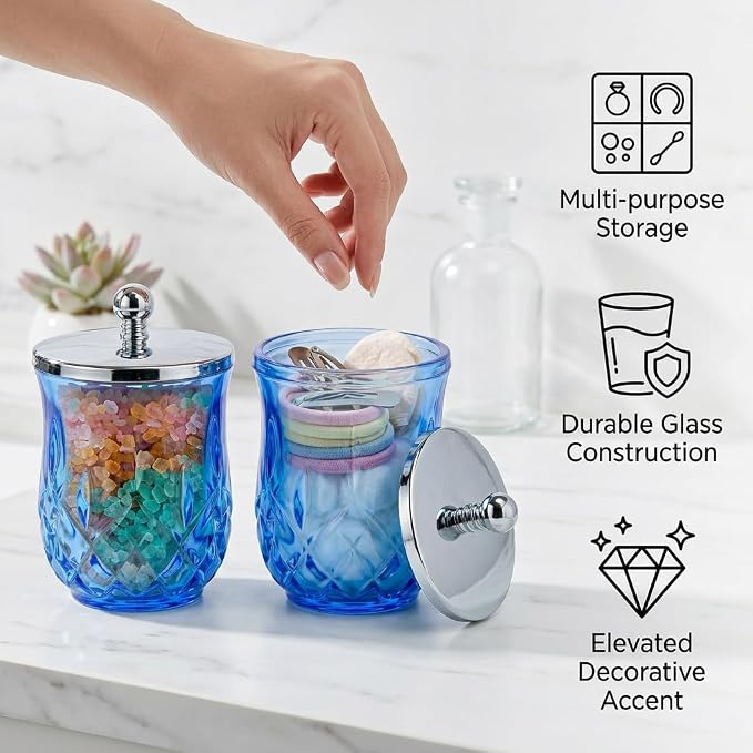 2 Pack 10Oz Blue Q-Tip Holder, Round Thick Glass - Image 4