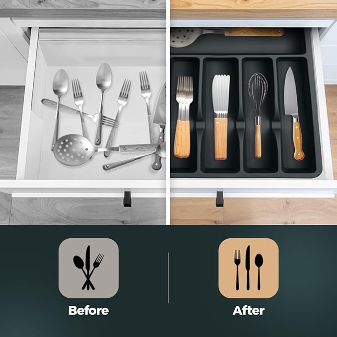Silicone Silverware Drawer Organizer – Non-Slip Utensil Holder for Kitchen Drawers | Cutlery Tray for Forks, Knives, Spoons & More | Durable, BPA-Free, Easy to Clean – Black