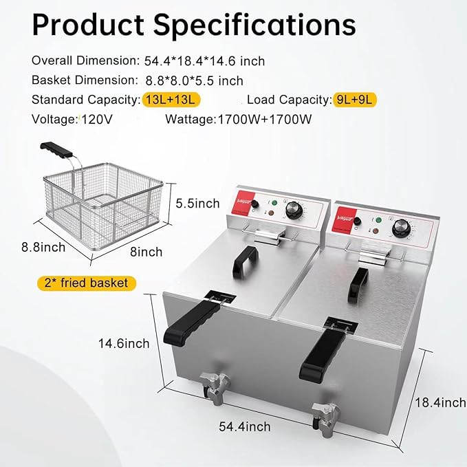 Valgus Dual Tanks Commercial Deep Fryer Electric 1700W 120V 26L Large Capacity Stainless Steel Countertop Kitchen Frying Machine with Basket & Lid, Drain System for Home Kitchen and Restaurant