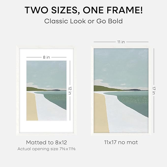Homeforia 11x17 White Wood Frame, High End Oak 17 x 11 White Wooden Picture Frames with Mat 8 by 12, 11x17 Poster Frame Matted to 8x12 inch Photo, 17x11 Thin Frames, Tempered Glass, Wall Kit, Set of 2