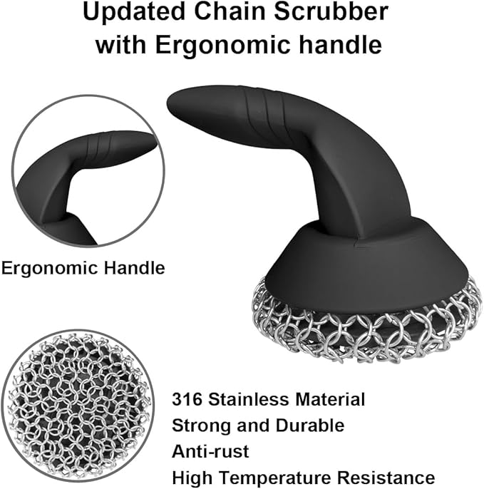 Cast Iron Scrubber with Pan Scraper & Towl, 316 Chainmail Scrubber with Long Handle, Upgraded Chain Mail Scrubber Cleaner for Grill Pan Skillet Wok Carbon Steel Dutch Oven Metal Brush (Black)