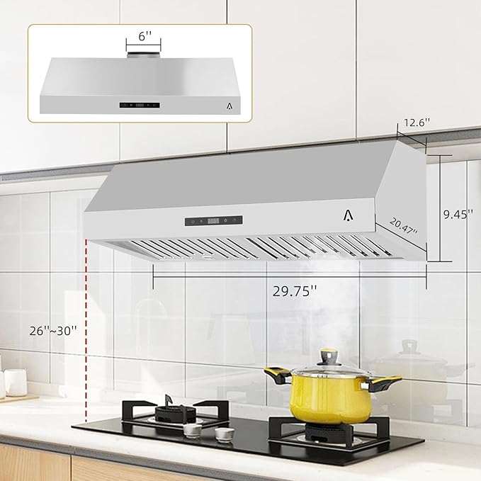 30-Inch Under Cabinet Range Hood, Stainless Steel Kitchen Ventilation with 400 CFM, 3-Speed Touch Control Panel, Kitchen Exhaust Fan for Home and Small Apartment, Silver