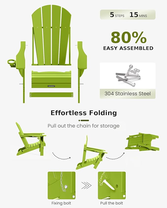 MUCHENGHY Folding Adirondack Chairs Set of 2, Patio Chairs, Lawn Chairs, Outdoor Chair, Adirondack Chair Plastic, Fire Pit, Weather Resistant with Cup Holder for Deck, Backyard, Garden(Lemon Green)