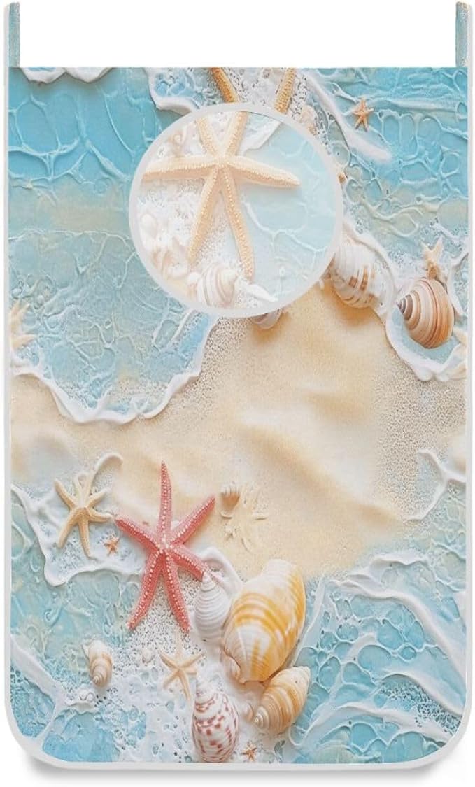 Blue Beach Sea Star Shell Summer Hanging Laundry Hamper Door Hampers Bag Basket by Tatenale
