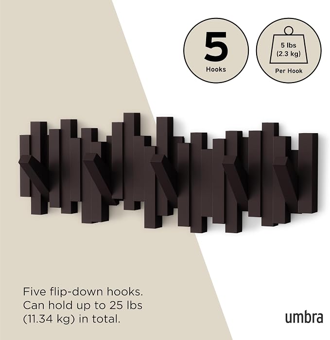 Umbra Sticks Wall Mount Coat Rack, 5 Hook Retractable Pegs, Espresso | Mounting - Image 5
